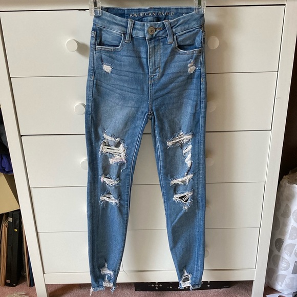 🦅 AMERICAN EAGLE SIZE 000 NEXT LEVEL STRETCH CURVY HI-RISE DISTRESSED JEGGINGS - Picture 2 of 15